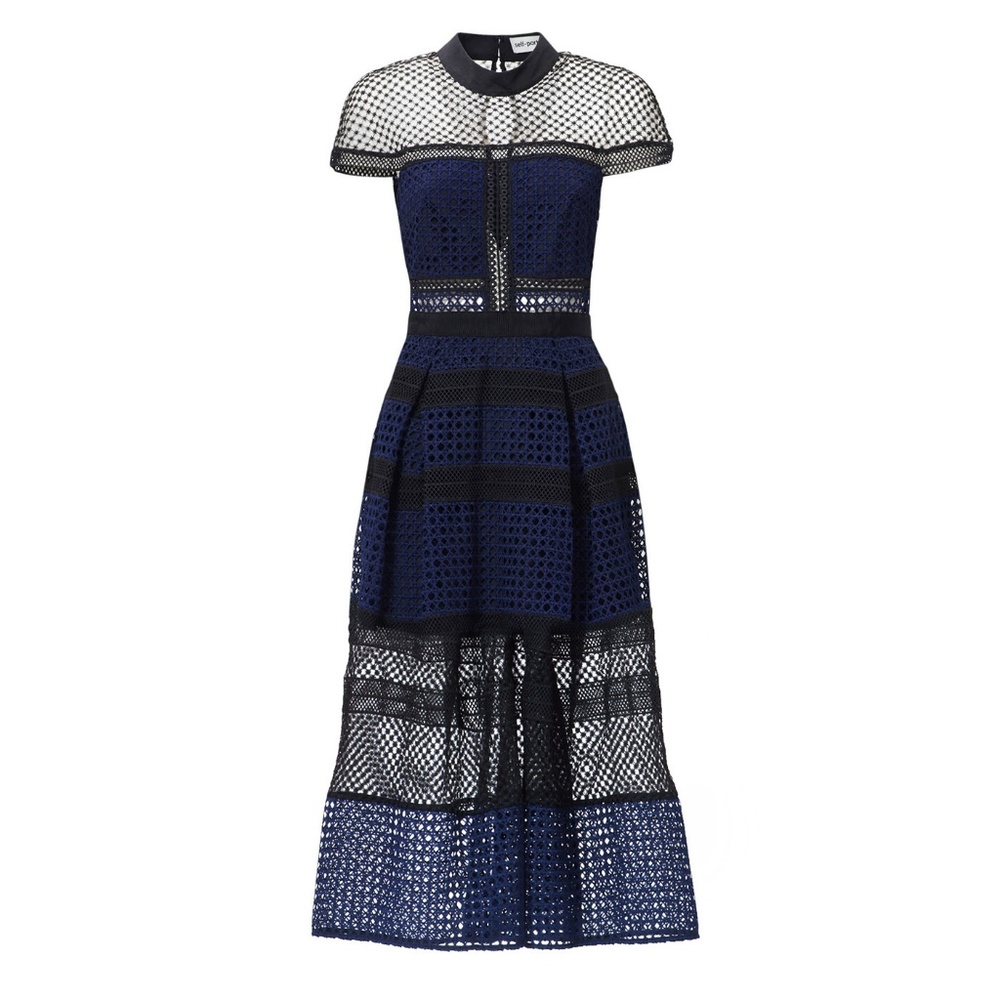SELF-PORTRAIT Navy Crosshatch Guipure Lace Midi